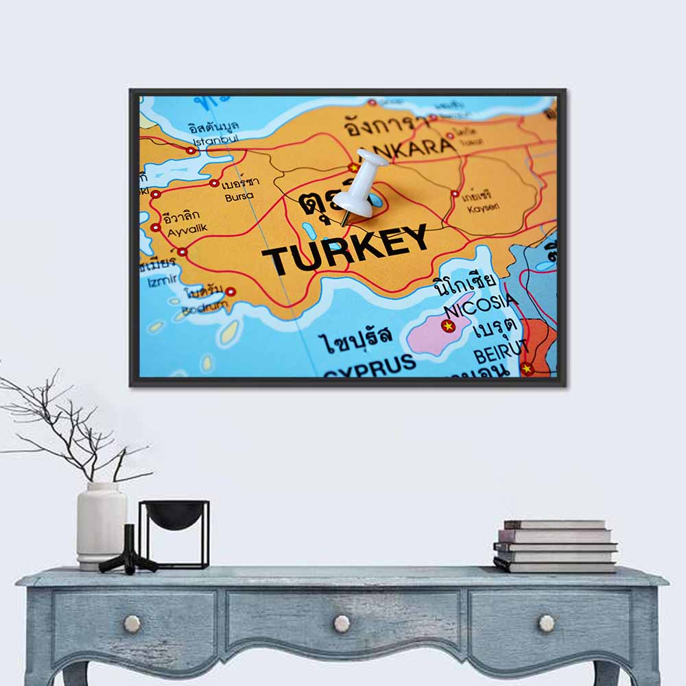Turkey Map with Ankara Pin Wall Art in a room, landscape