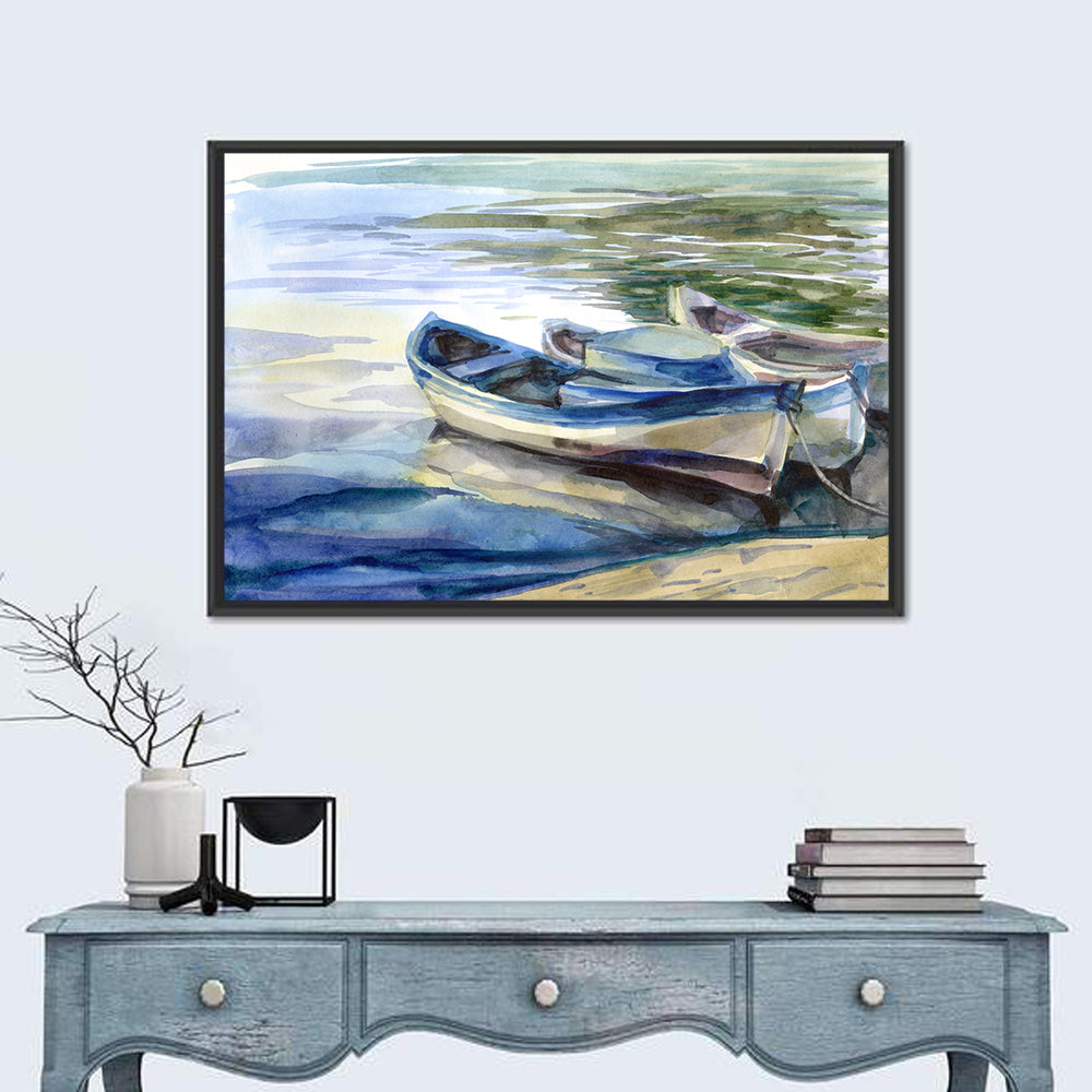 Watercolor Rowboats by the Shore Wall Art in a room, landscape
