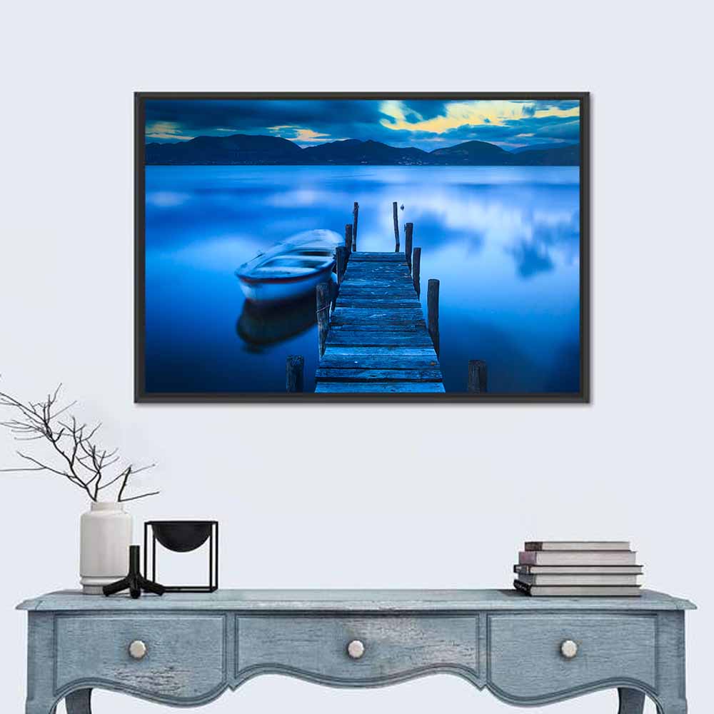 Boat and Wooden Pier Wall Art in a room, landscape