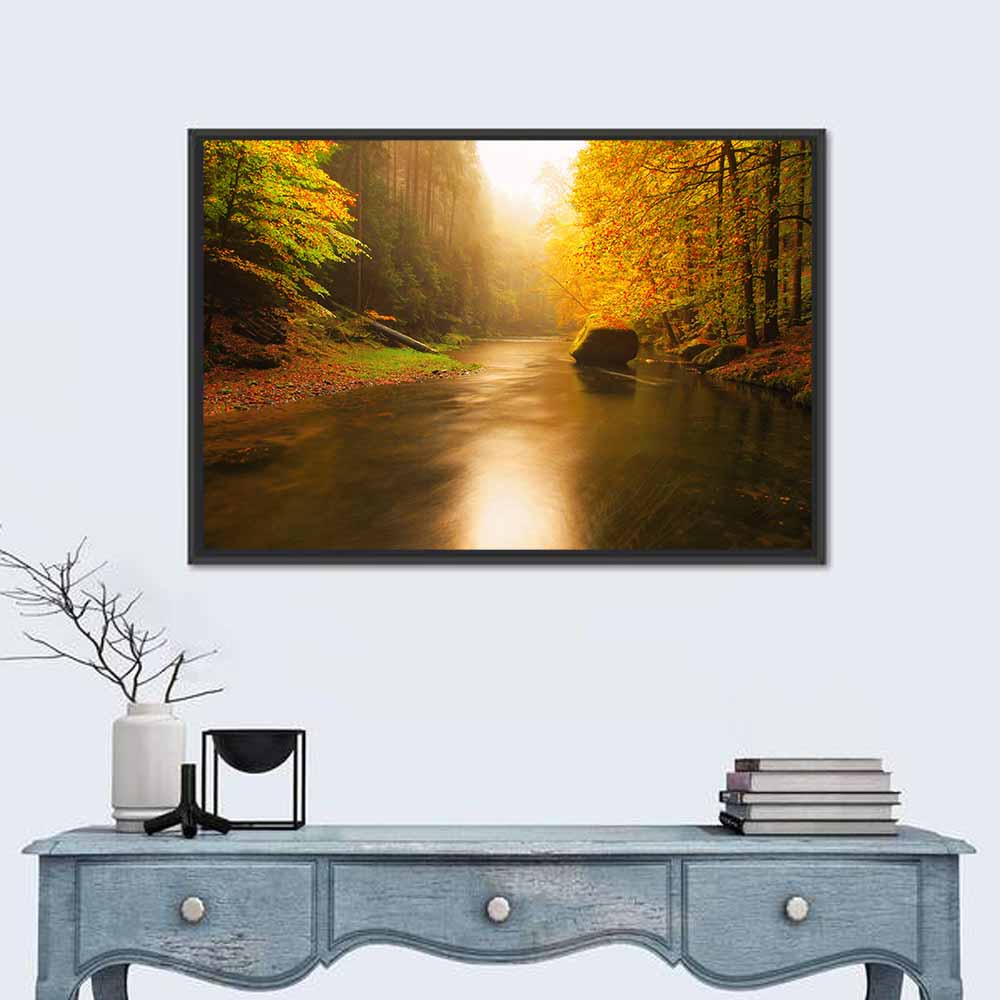 Misty Mountain River Wall Art in a room, landscape