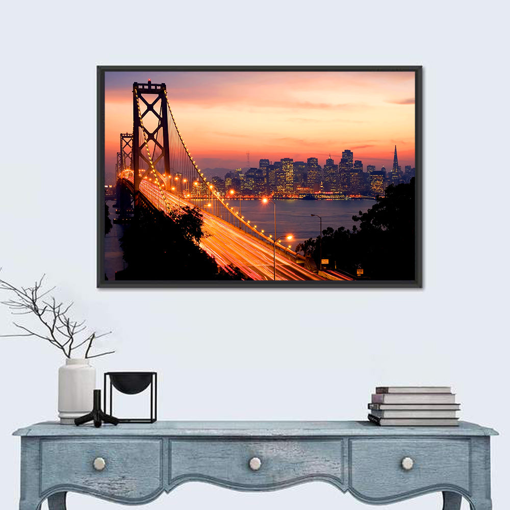 Bay Bridge Light Trails at Sunset Wall Art in a room, landscape