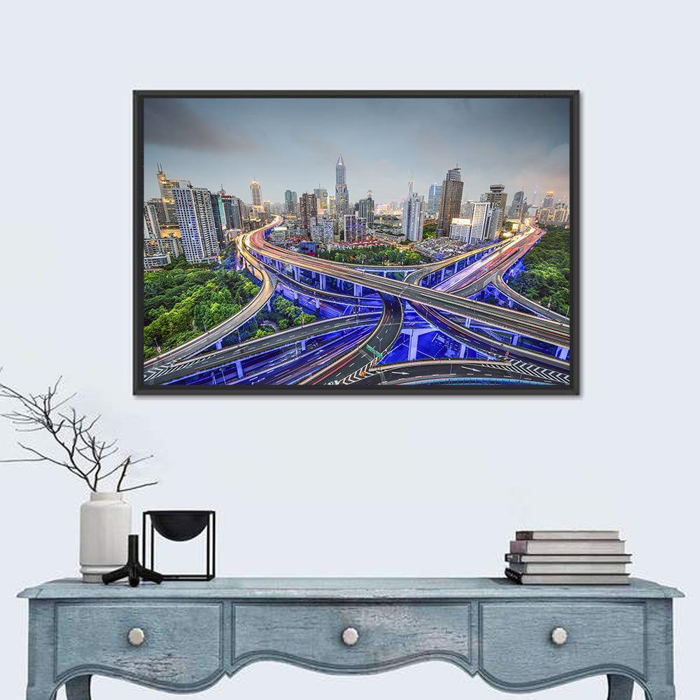 Shanghai Dusk Interchange Cityscape Wall Art in a room, landscape