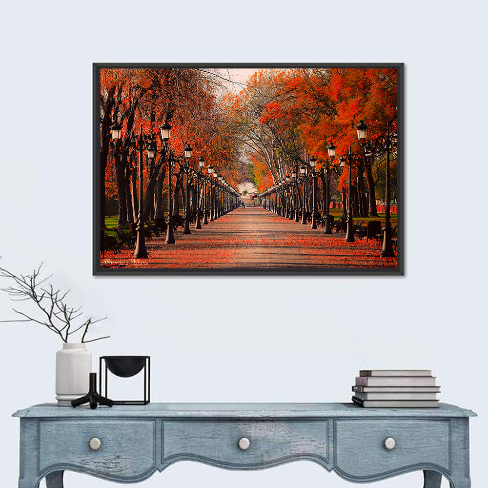 Autumn Park Path with Vintage Lampposts Wall Art