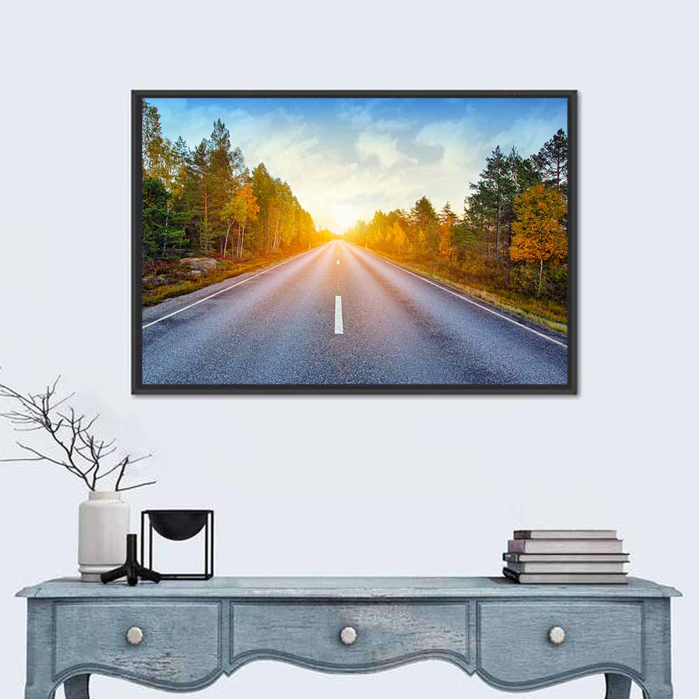 Sunlit Autumn Forest Road Wall Art in a room, landscape