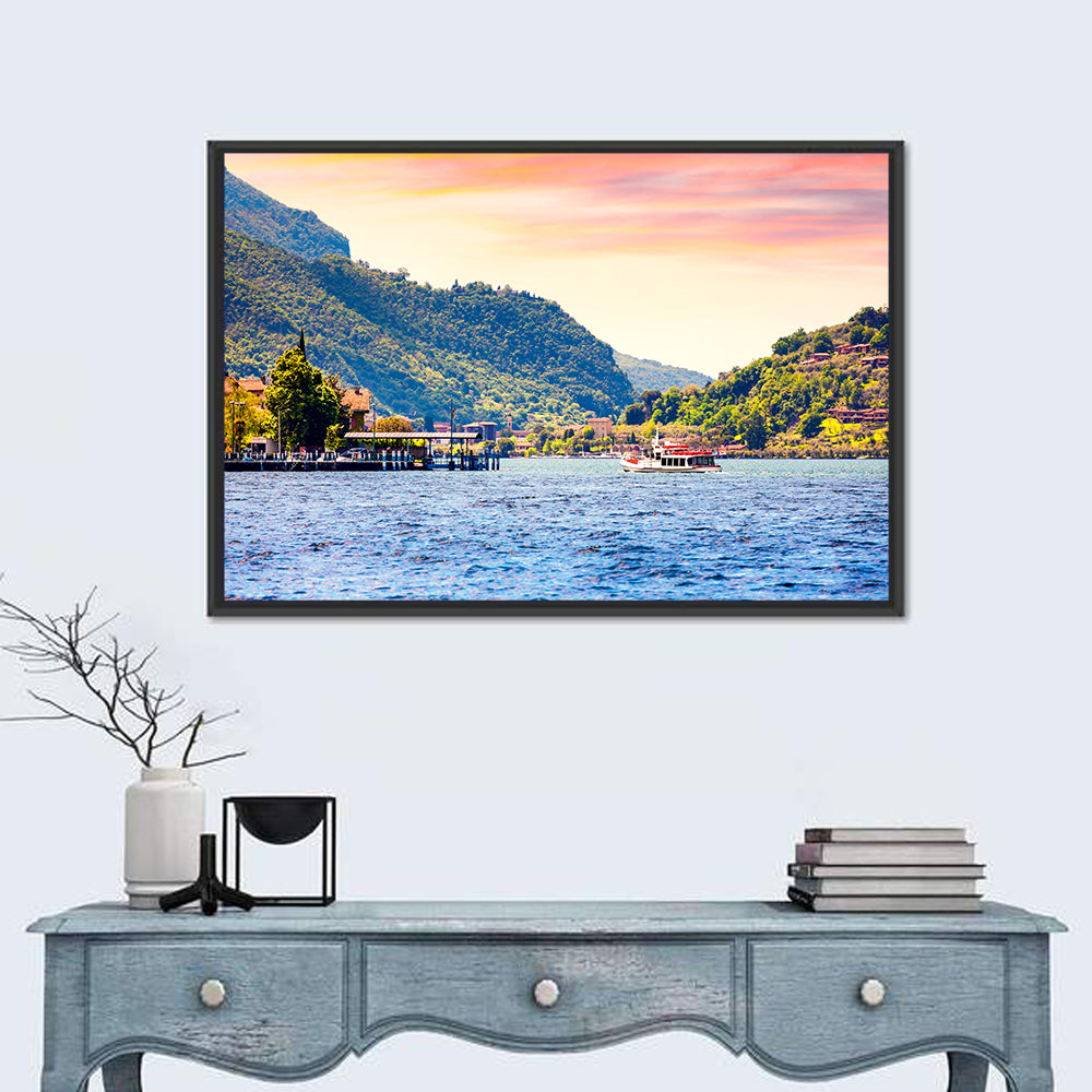 Lake Iseo Morning Harbor Wall Art in a room, landscape