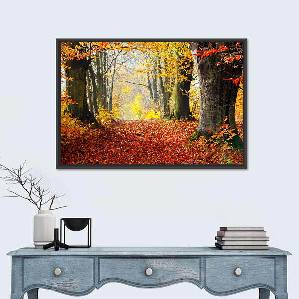Misty Autumn Forest Path Wall Art in a room, landscape
