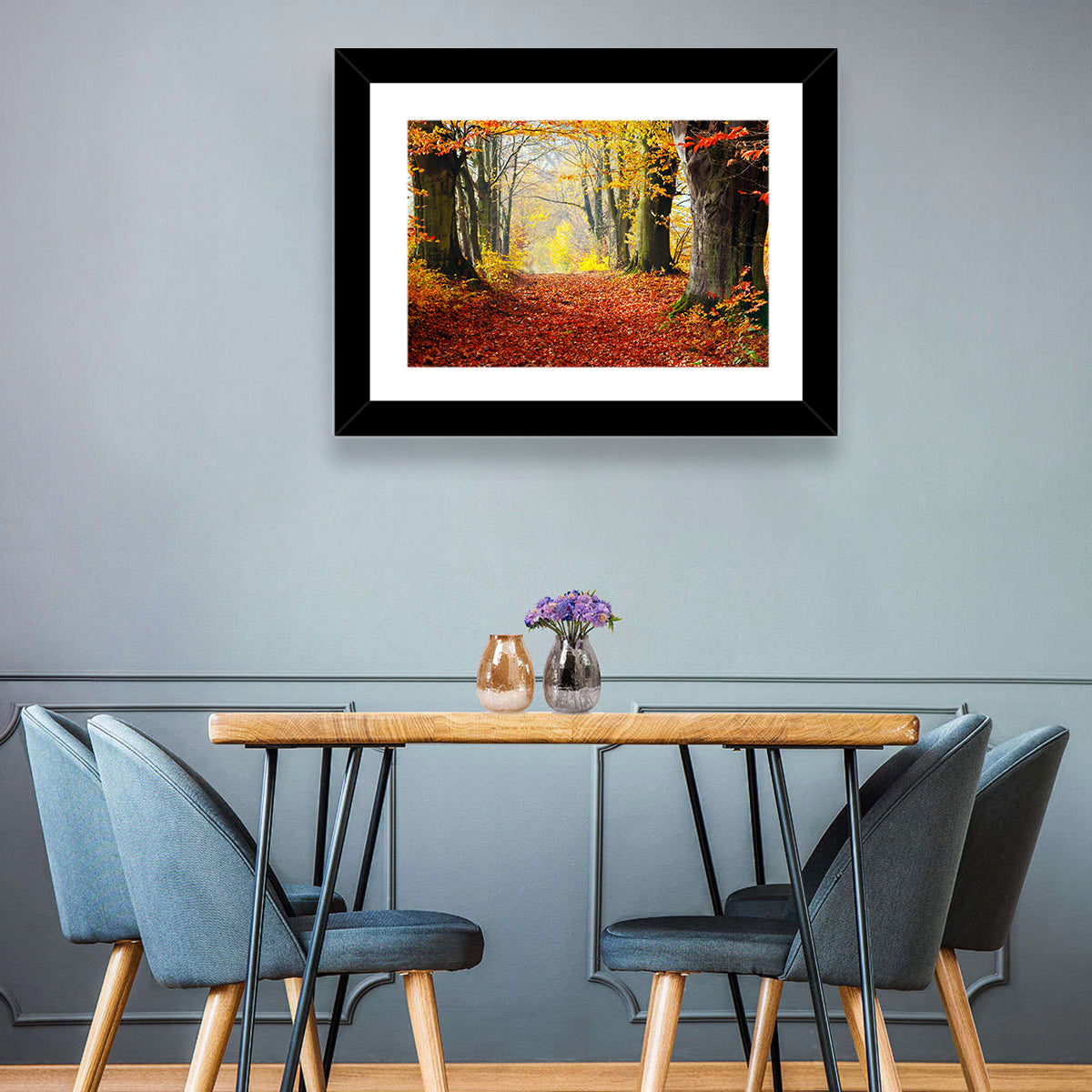 Misty Autumn Forest Path Wall Art in a room, landscape