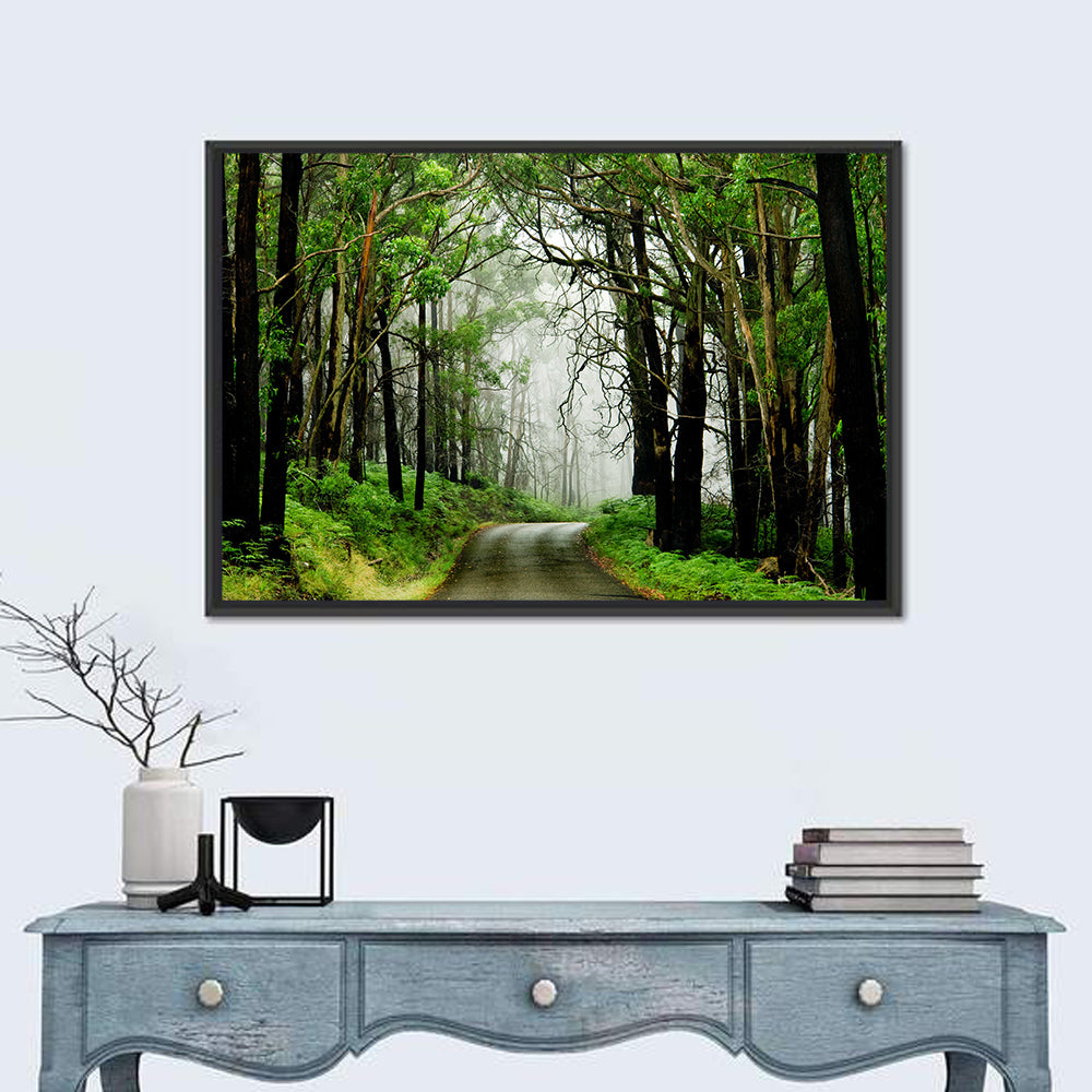 Misty Eucalyptus Road Wall Art in a room, landscape