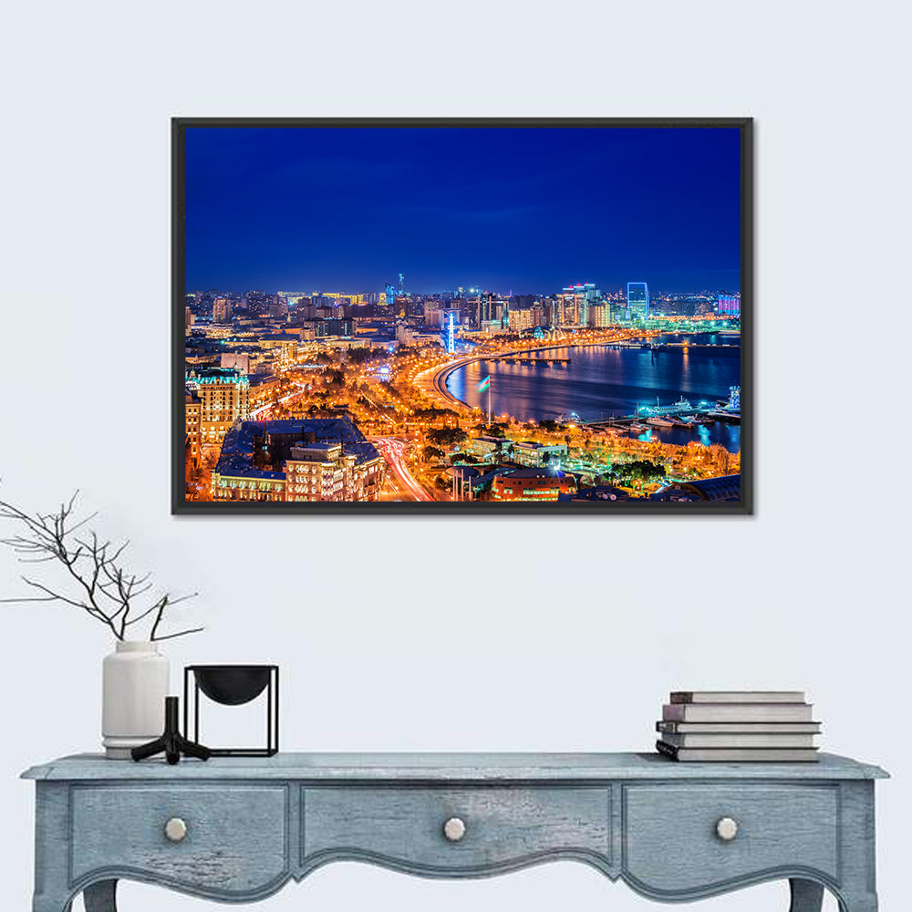 Baku Night Skyline Wall Art in a room, landscape