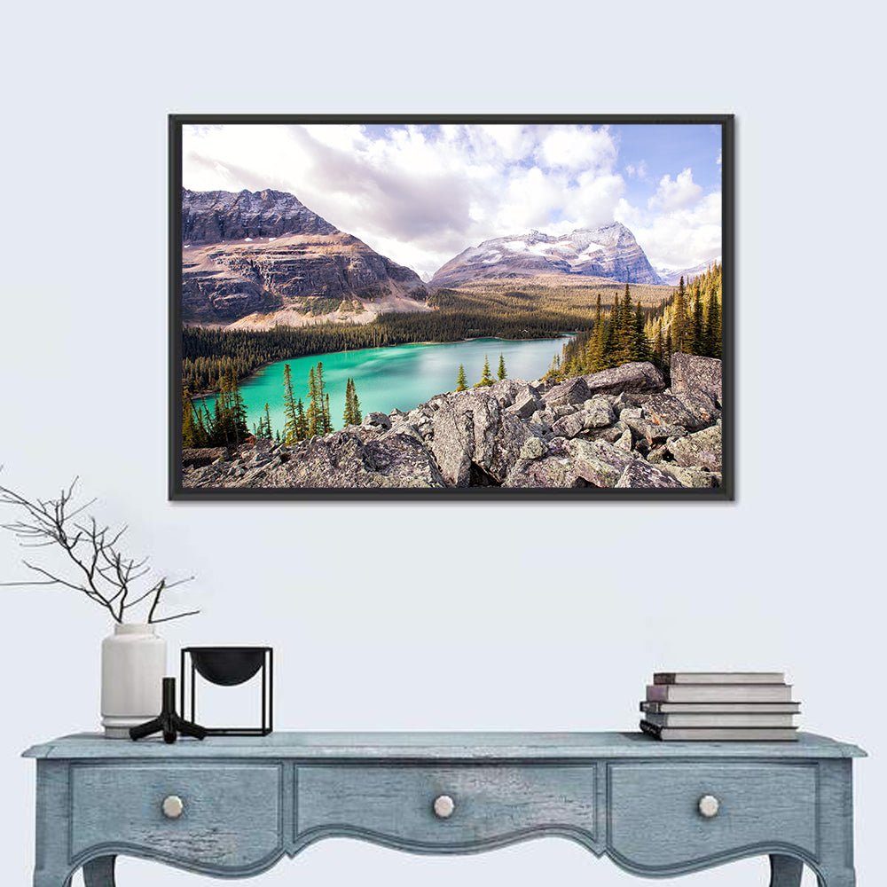 Lake Ohara Rocky Shore Wall Art in a room, landscape