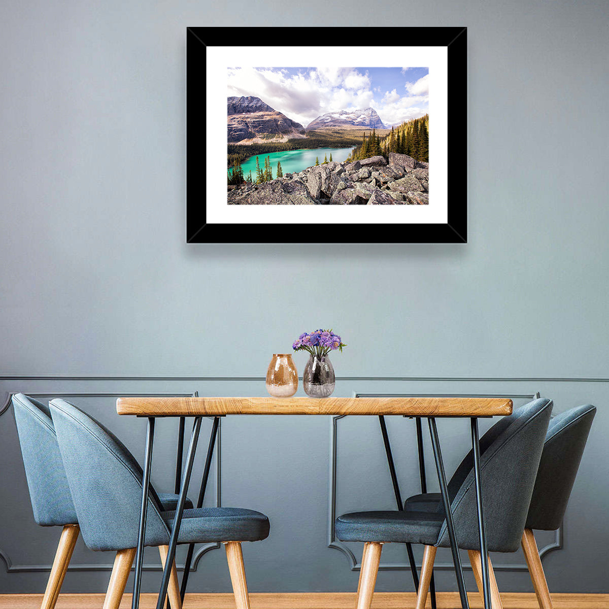 Lake Ohara Rocky Shore Wall Art in a room, landscape