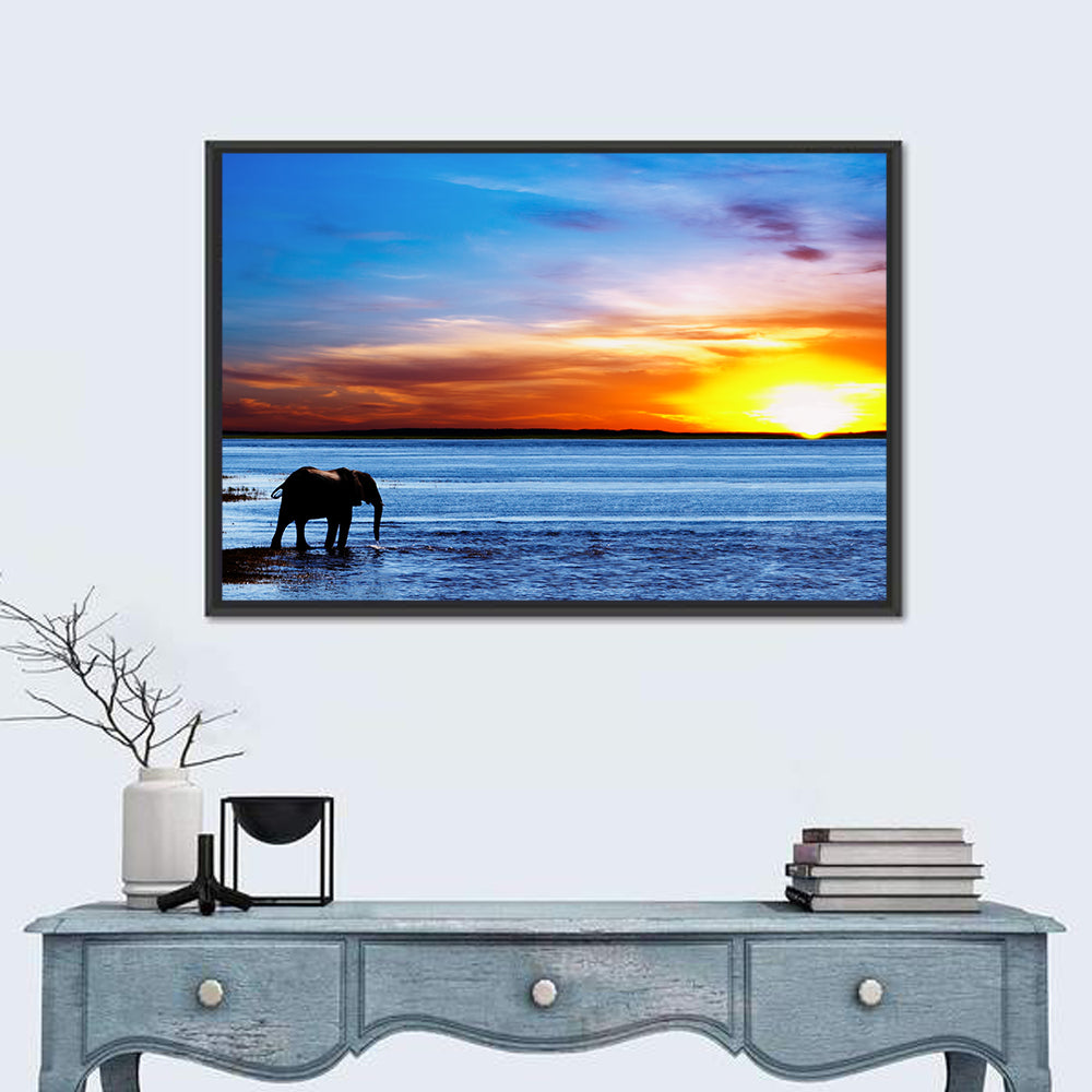 Elephant Silhouette at Beach Sunset Wall Art in a room, landscape