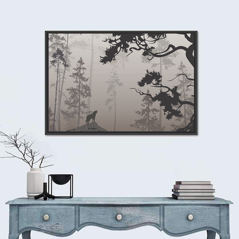 Howling Wolf in Misty Forest Wall Art