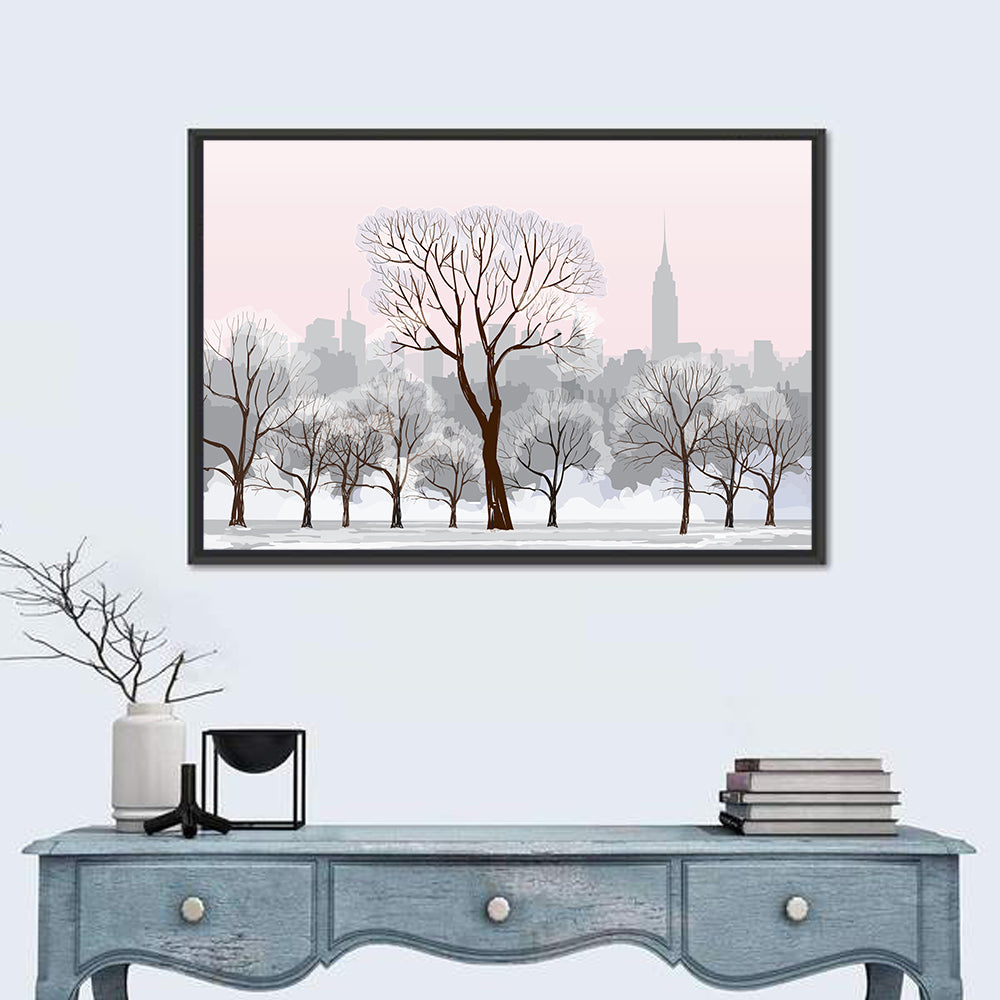 Winter Cityscape Wall Art in a room, landscape