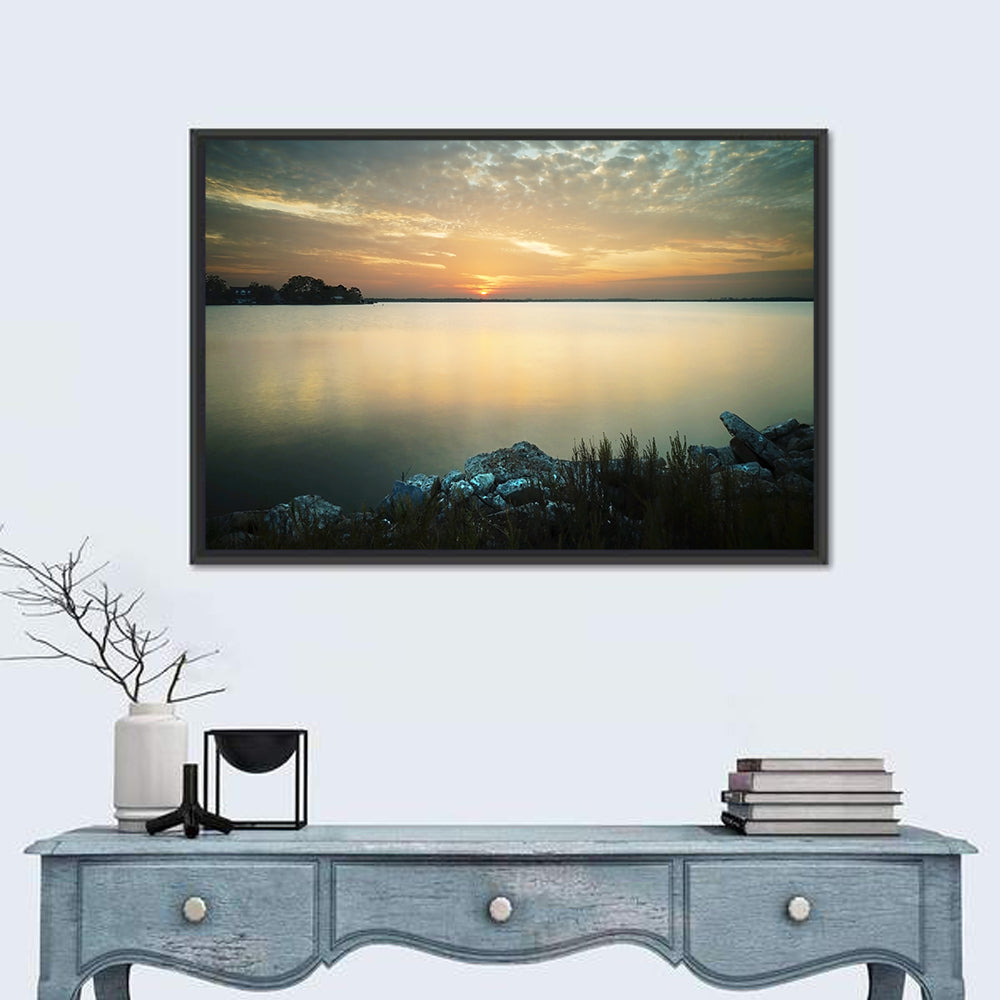 Lake Conroe Sunset Reflection Wall Art in a room, landscape