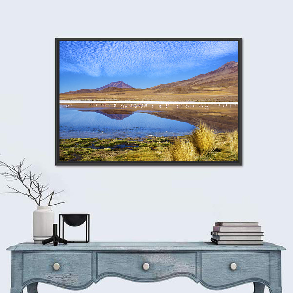 Red Lagoon Flamingo Reflection Wall Art in a room, landscape