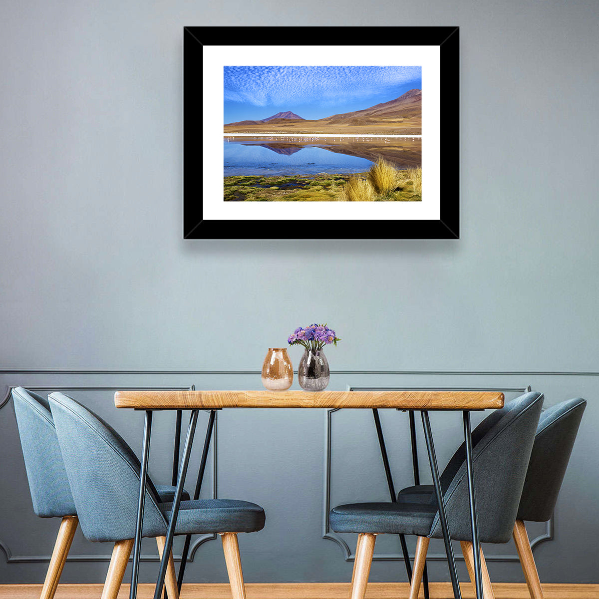 Red Lagoon Flamingo Reflection Wall Art in a room, landscape