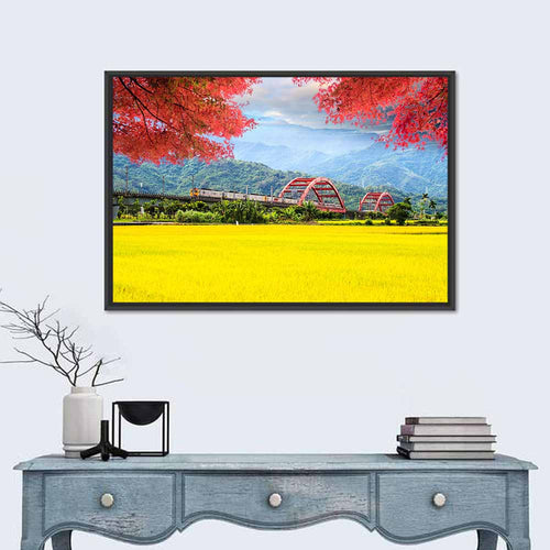 Autumn Train Over Taiwan Rice Fields Wall Art