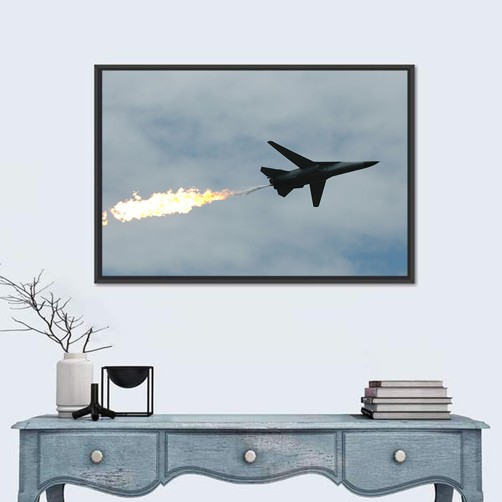Fighter Jet with Flaming Exhaust Wall Art in a room, landscape