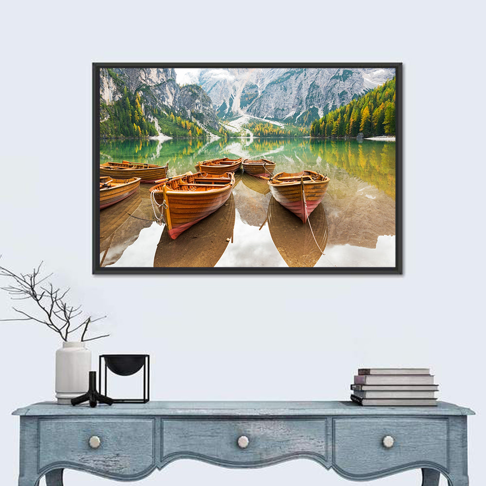 Rowboats on Lake Braies Wall Art in a room, landscape
