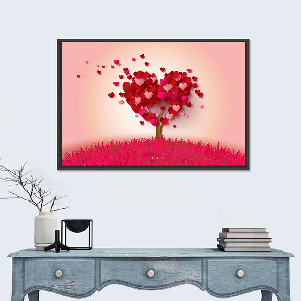Whimsical Heart Tree Illustration Wall Art in a room, landscape