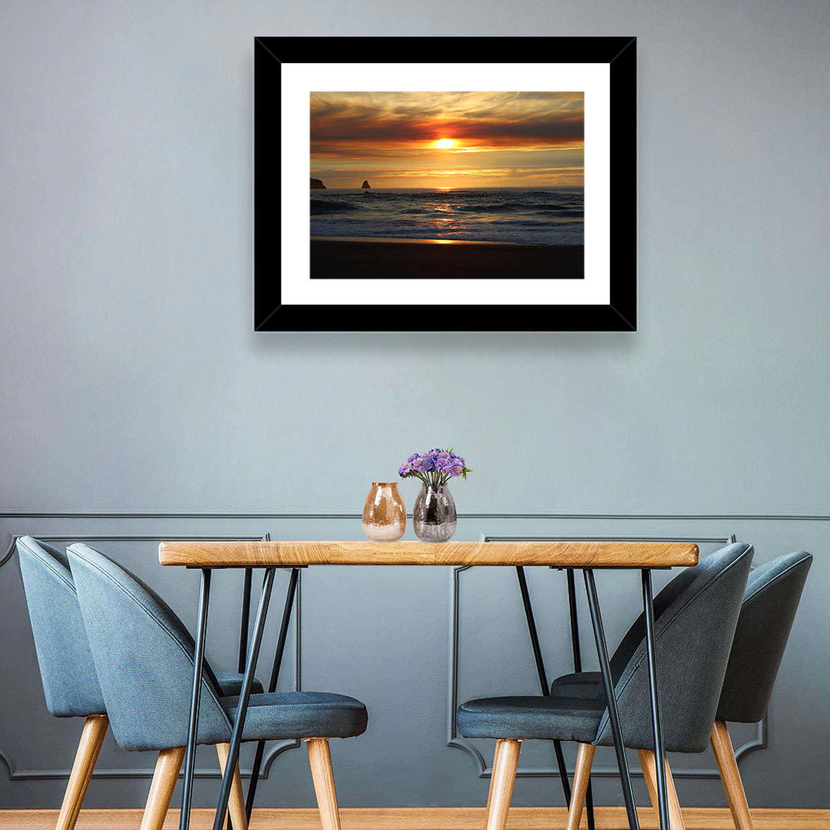 Oregon Sea Stack Sunset Wall Art in a room, landscape