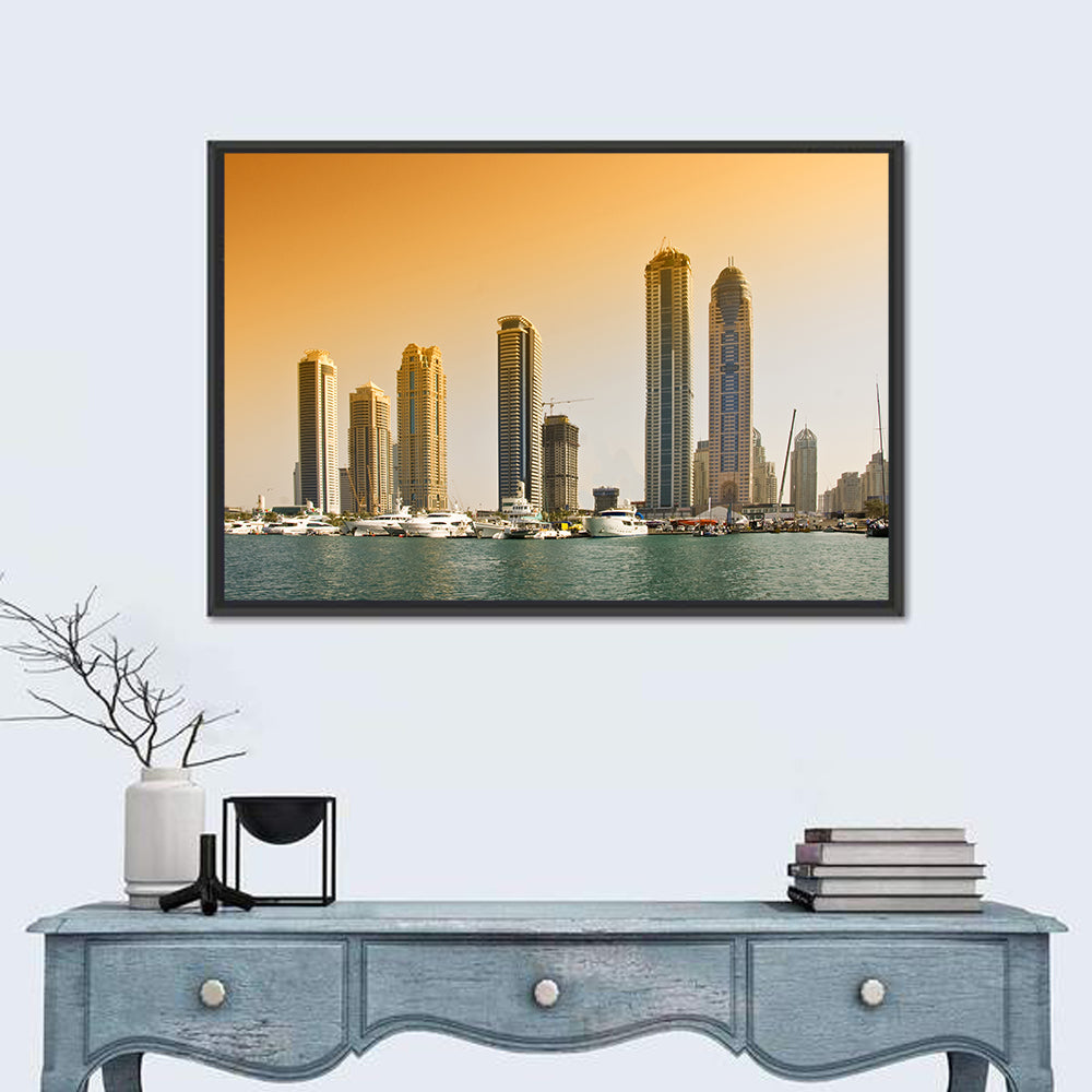 Dubai Marina Sunset Skyline with Yachts Wall Art in a room, landscape