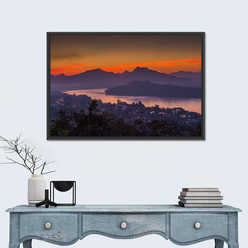 Luang Prabang Sunset Over Mekong Wall Art in a room, landscape