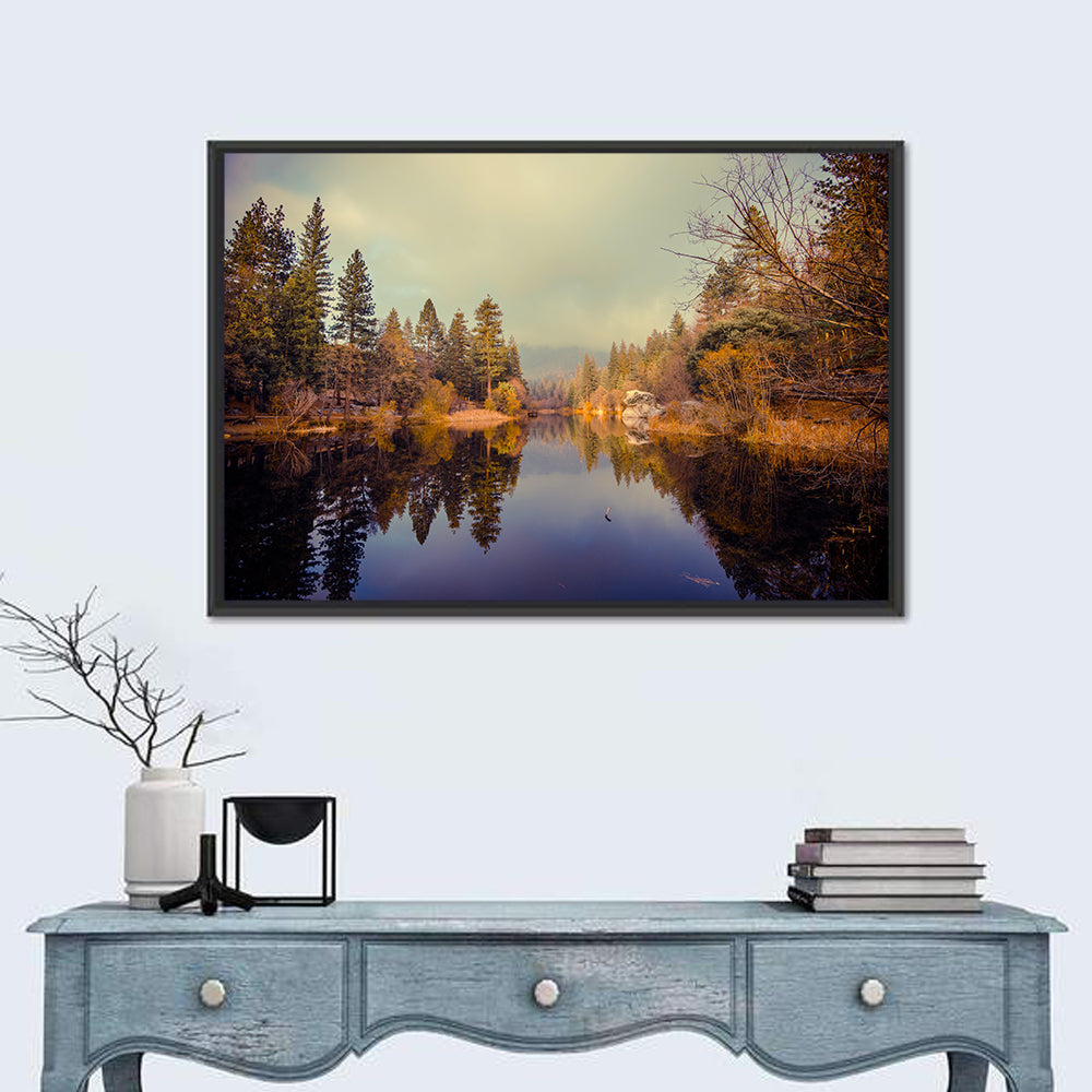 Misty Lake Fulmor Reflection Wall Art in a room, landscape