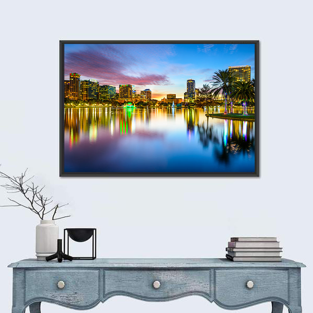 Orlando Lake Eola Skyline Wall Art in a room, landscape