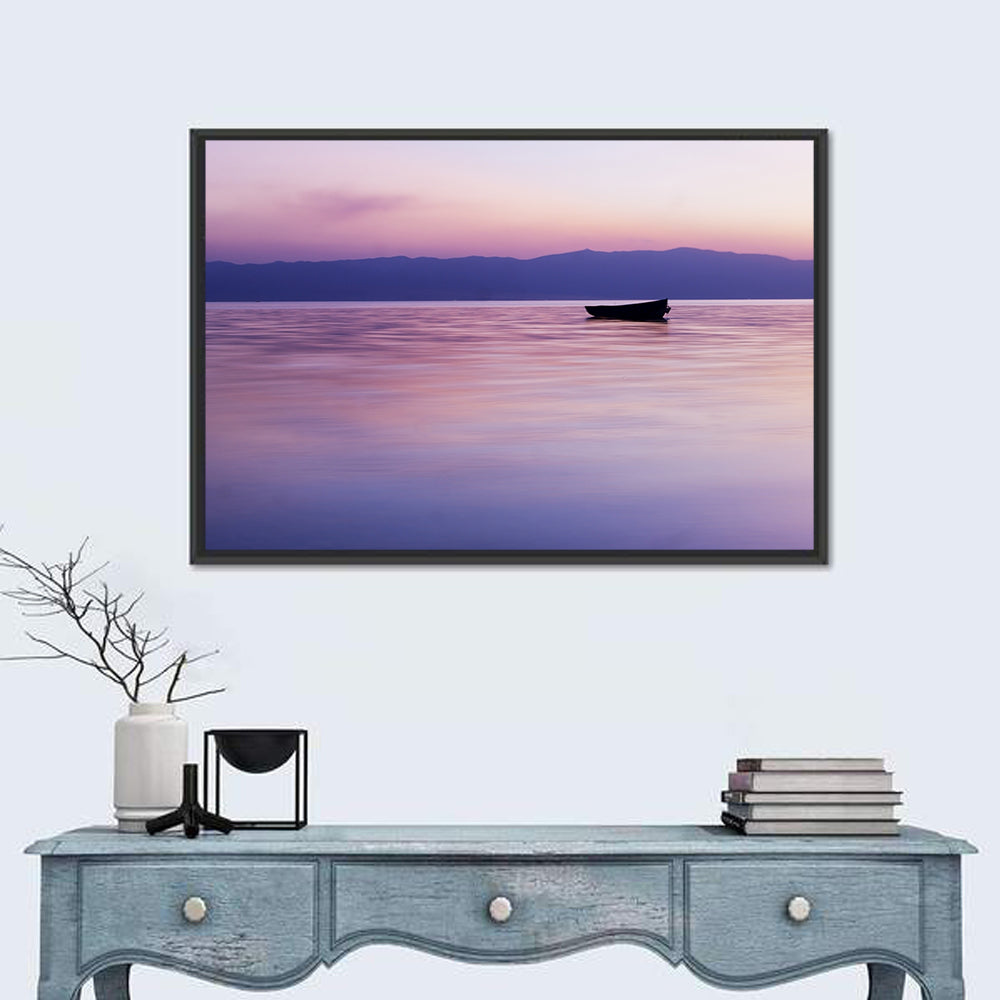 Lavender Lake Ohrid Sunset Wall Art in a room, landscape
