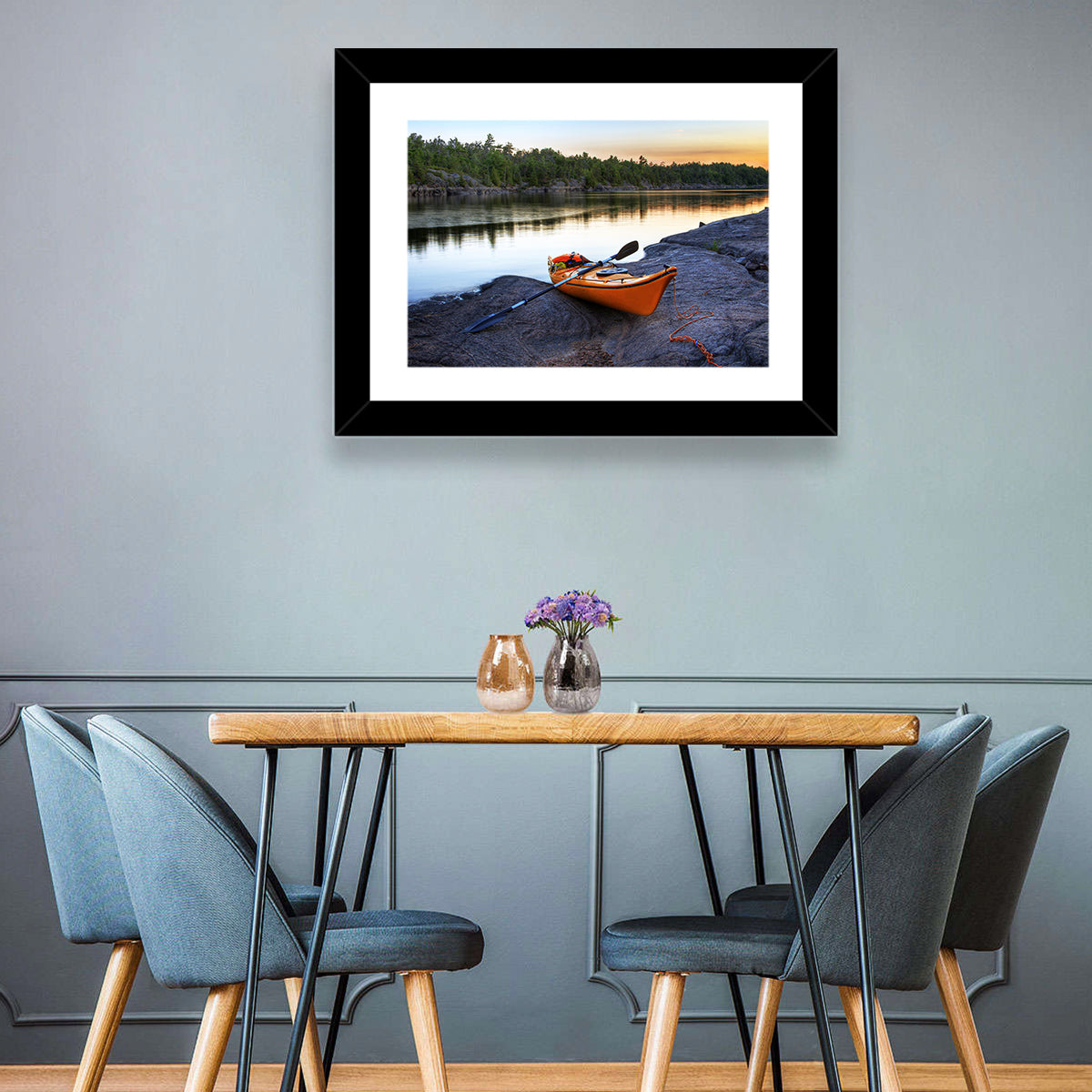 Orange Kayak on Rocky Shore Wall Art in a room, landscape