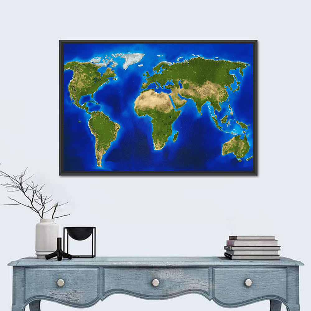 Satellite-style Blue World Map Wall Art