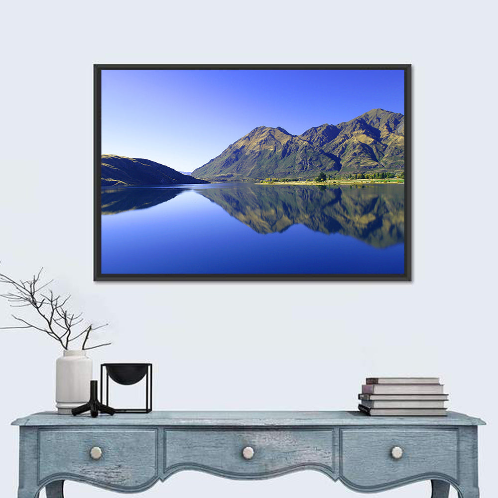 Lake Hawea Mirror Reflection Wall Art in a room, landscape