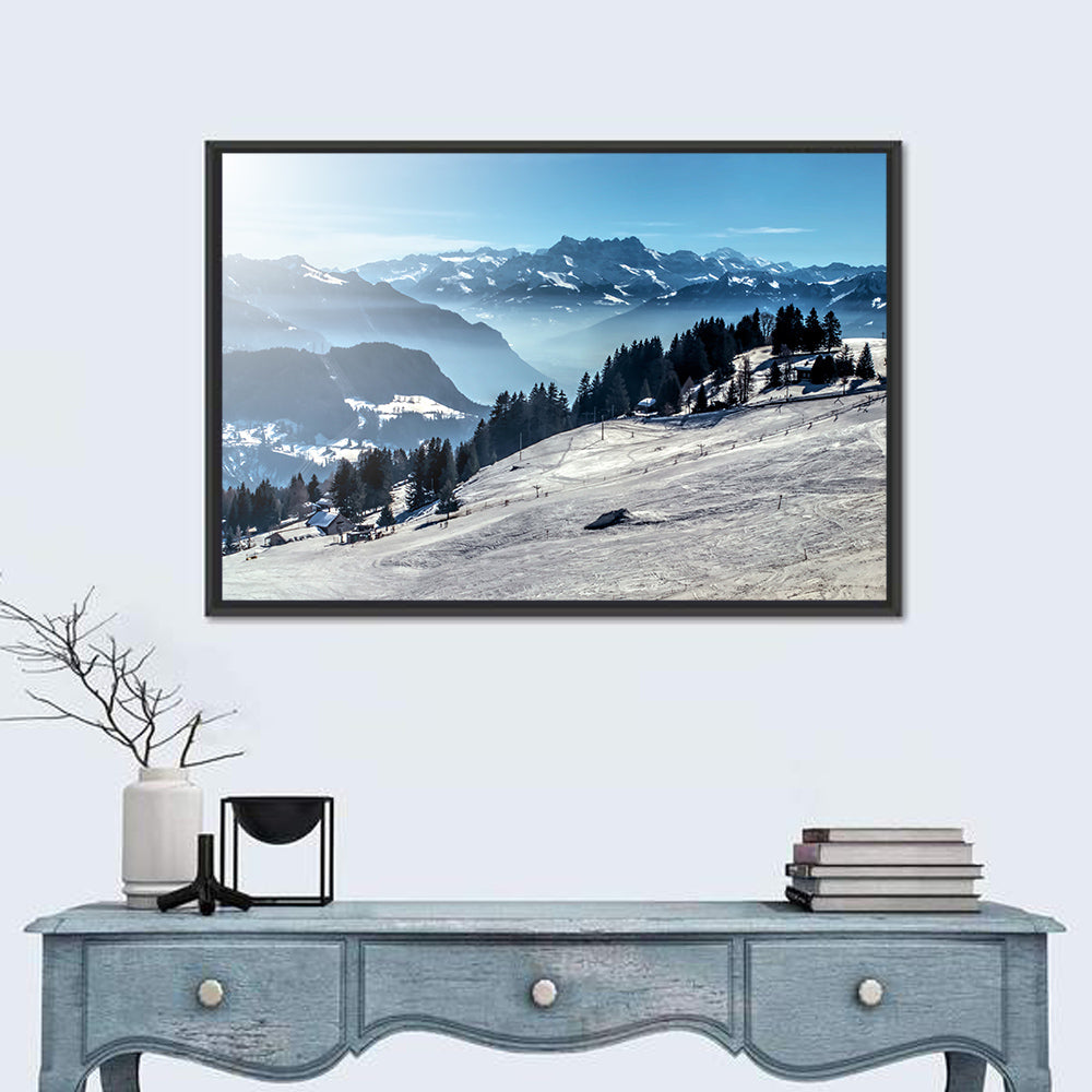 Sunlit Alpine Ski Slope Wall Art in a room, landscape