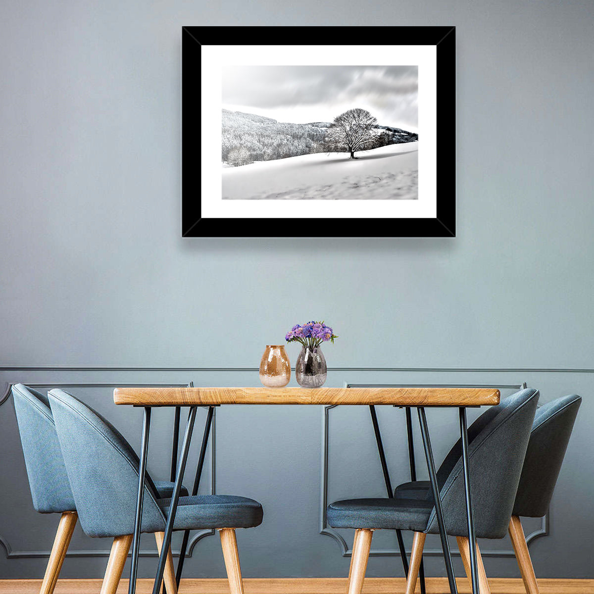 Solitary Snowy Tree Landscape Wall Art in a room, landscape