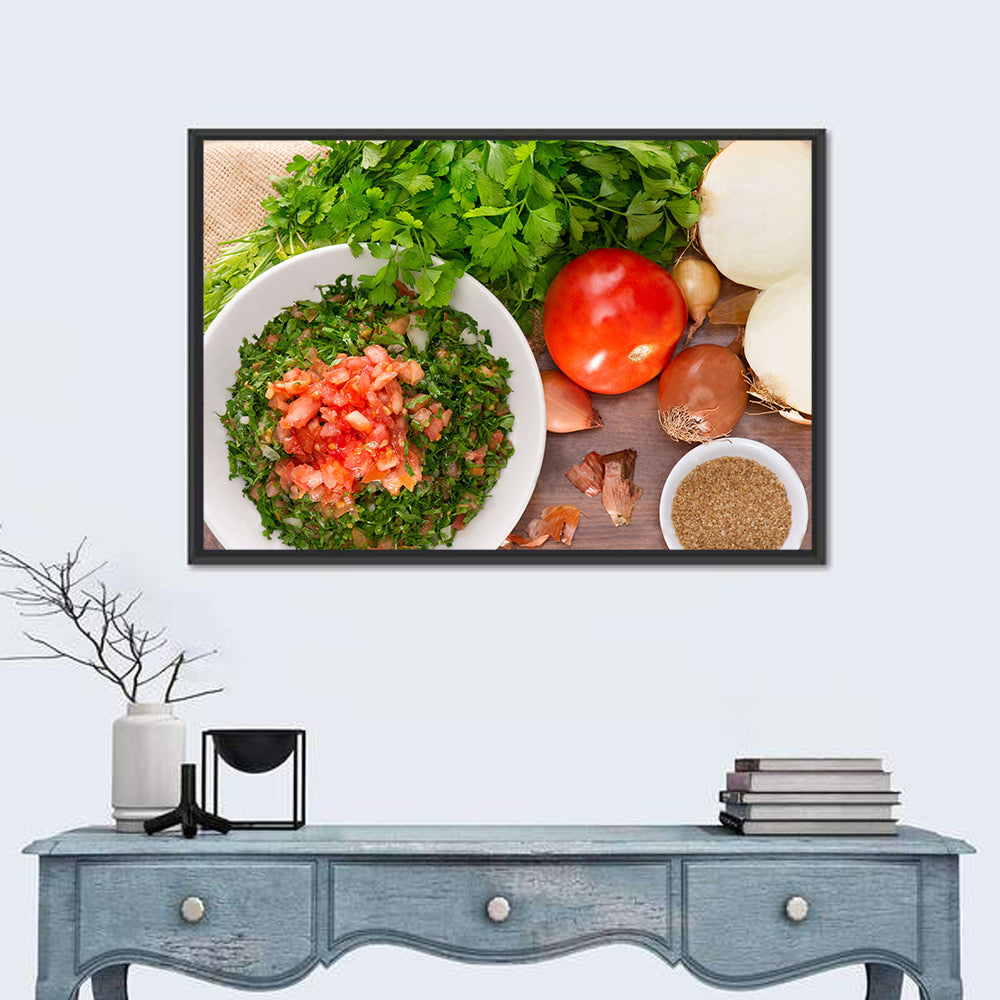Top-down Tabbouleh Salad Wall Art in a room, landscape