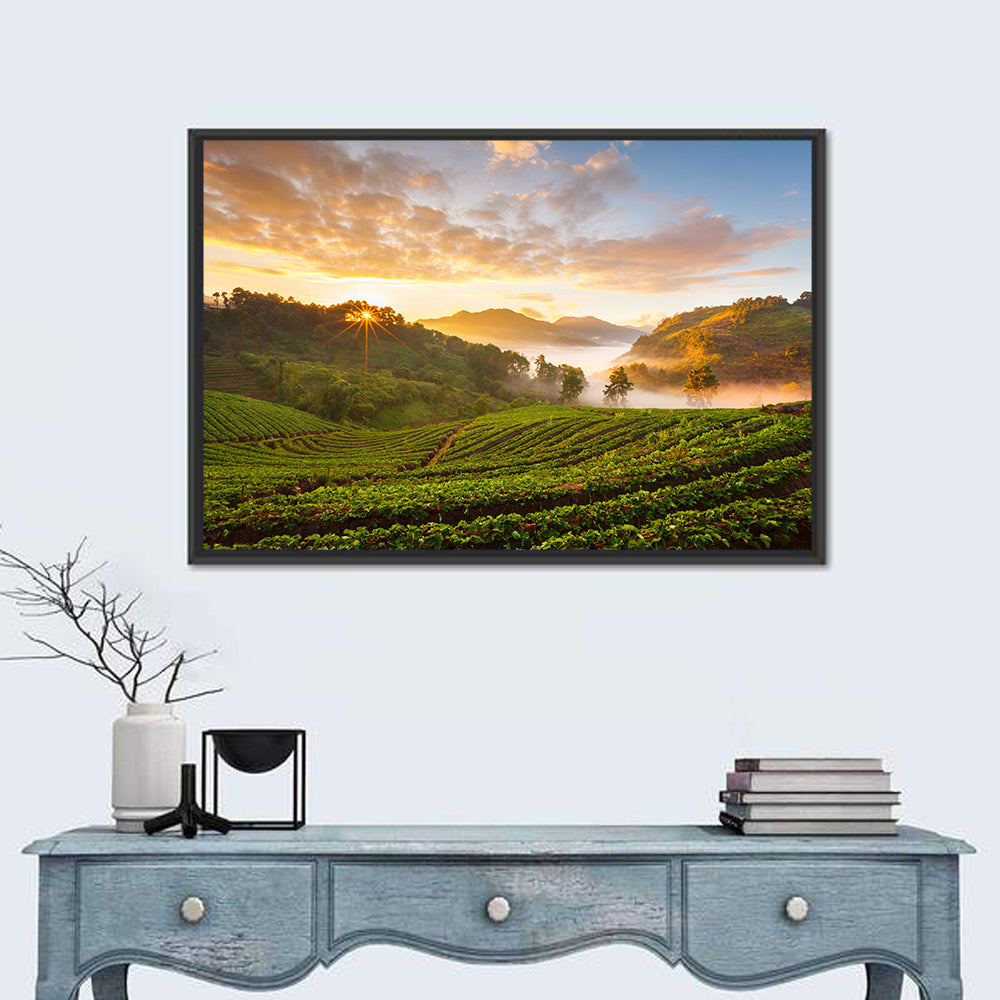Strawberry Fields Sunrise Wall Art in a room, landscape