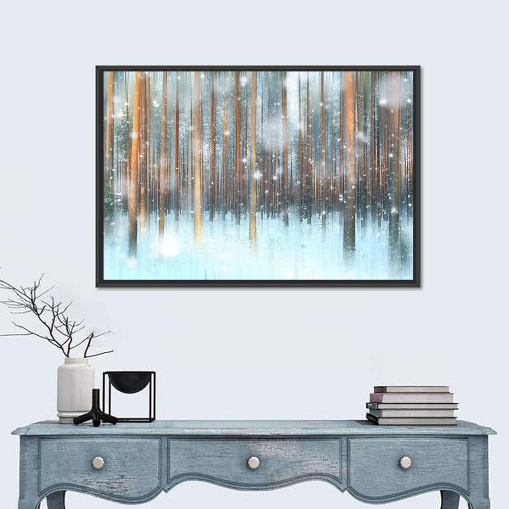 Ethereal Snowy Pine Forest Wall Art in a room, landscape