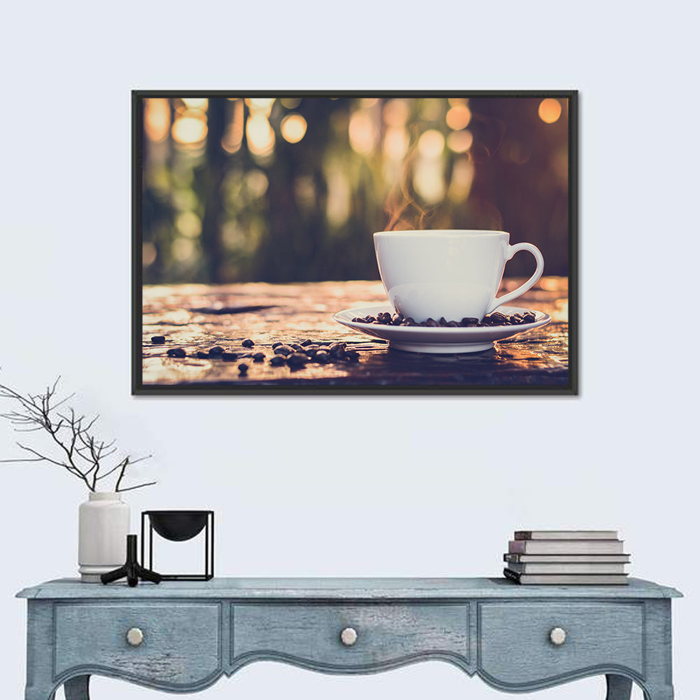 Steaming White Coffee Cup Wall Art in a room, landscape