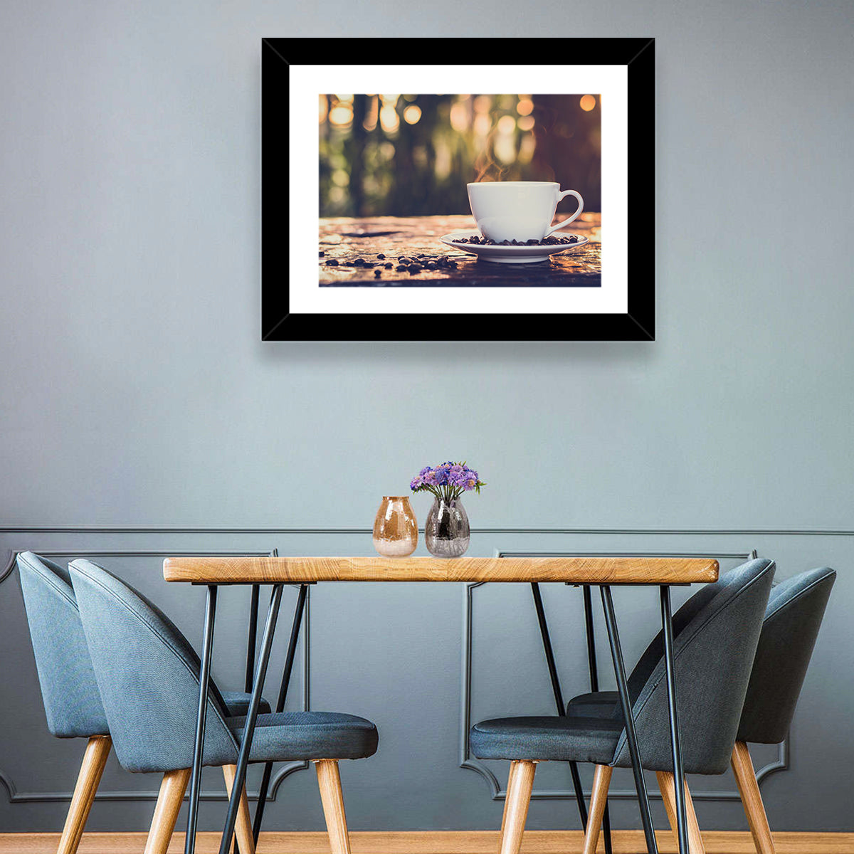 Steaming White Coffee Cup Wall Art in a room, landscape