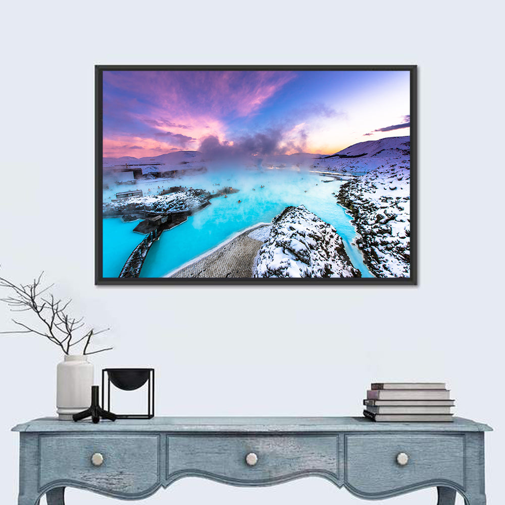 Blue Lagoon Grindavík Sunrise Wall Art in a room, landscape