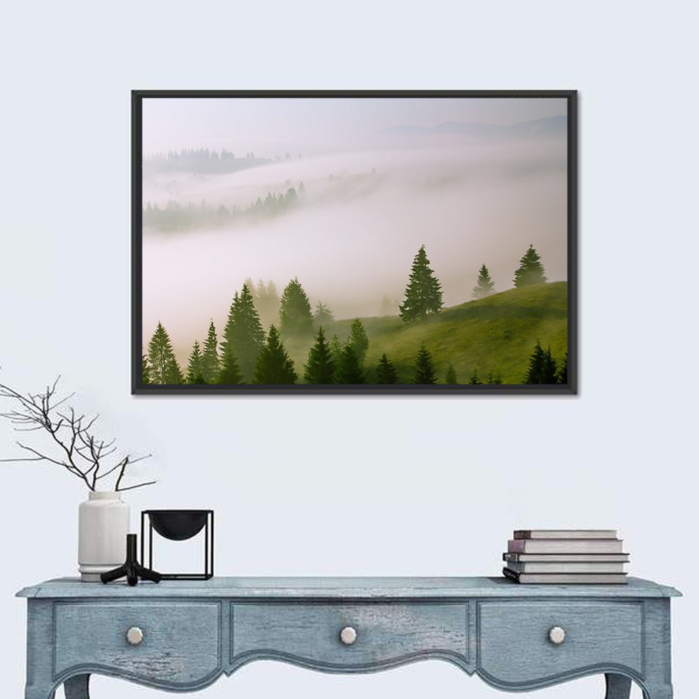 Summer Mist Over Green Hills Wall Art in a room, landscape