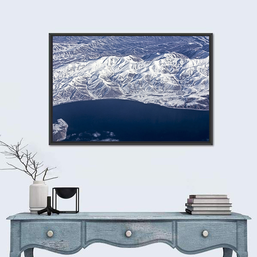 Lake Sevan Aerial Winter View Wall Art in a room, landscape