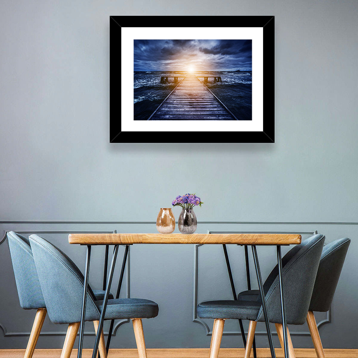 Sunlit Wooden Jetty at Dusk Wall Art in a room, landscape