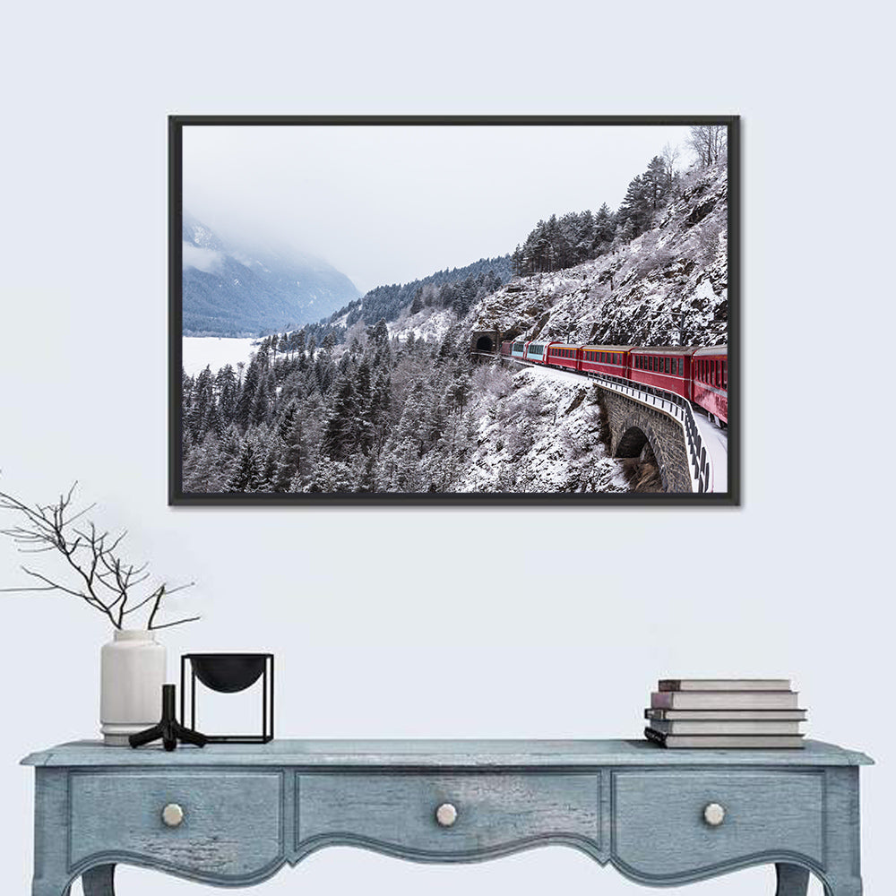 Red Train at Landwasser Viaduct Wall Art in a room, landscape