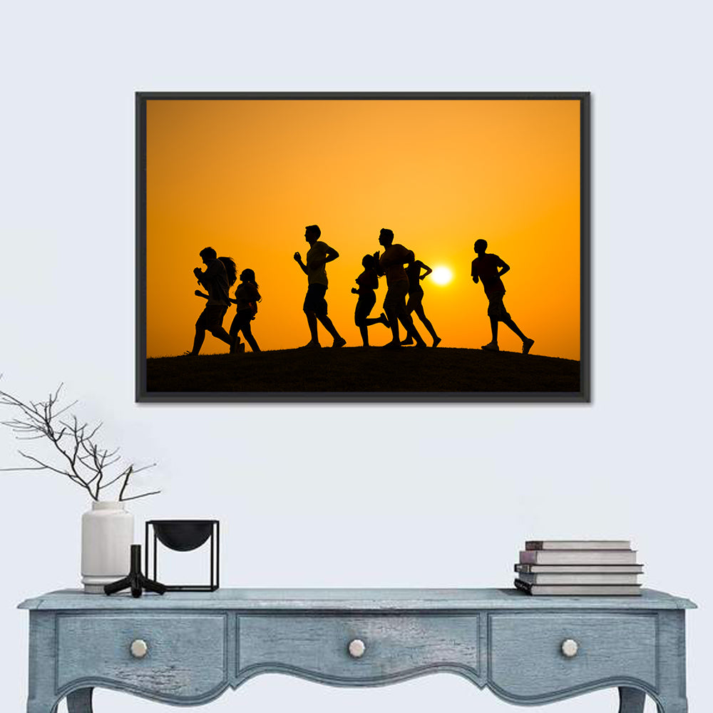Six Runners Silhouette at Golden Sunset Wall Art