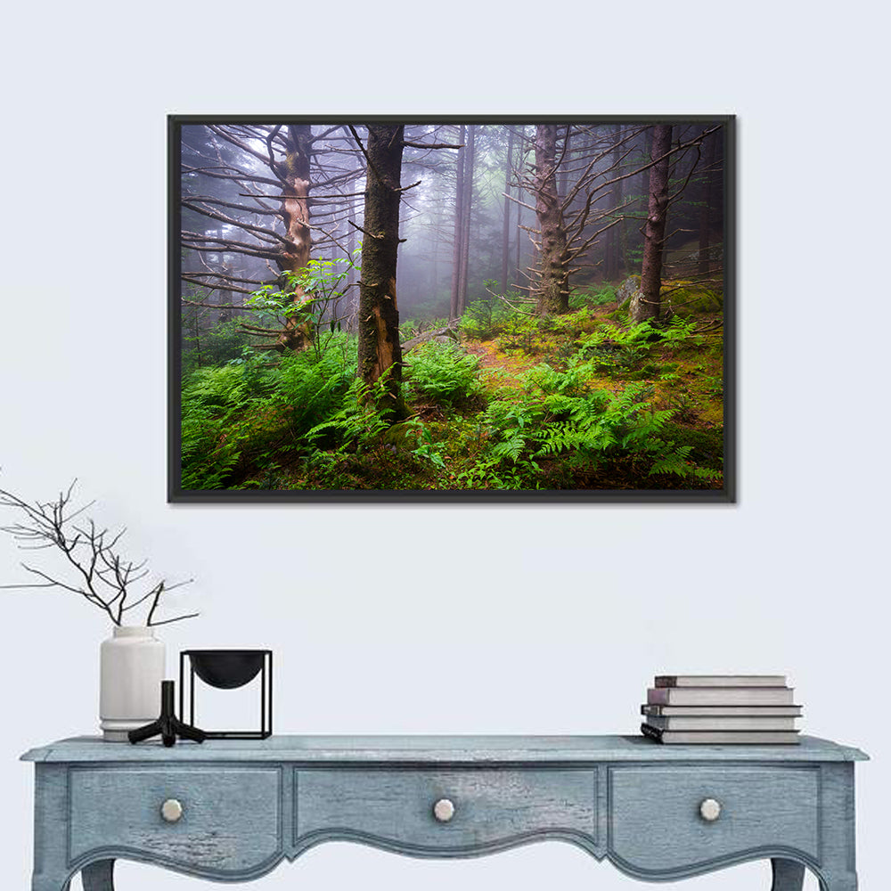 Misty Spruce-fir Trail Wall Art in a room, landscape
