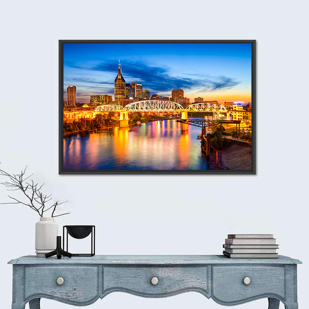 Nashville Skyline at Twilight Bridge Reflections Wall Art
