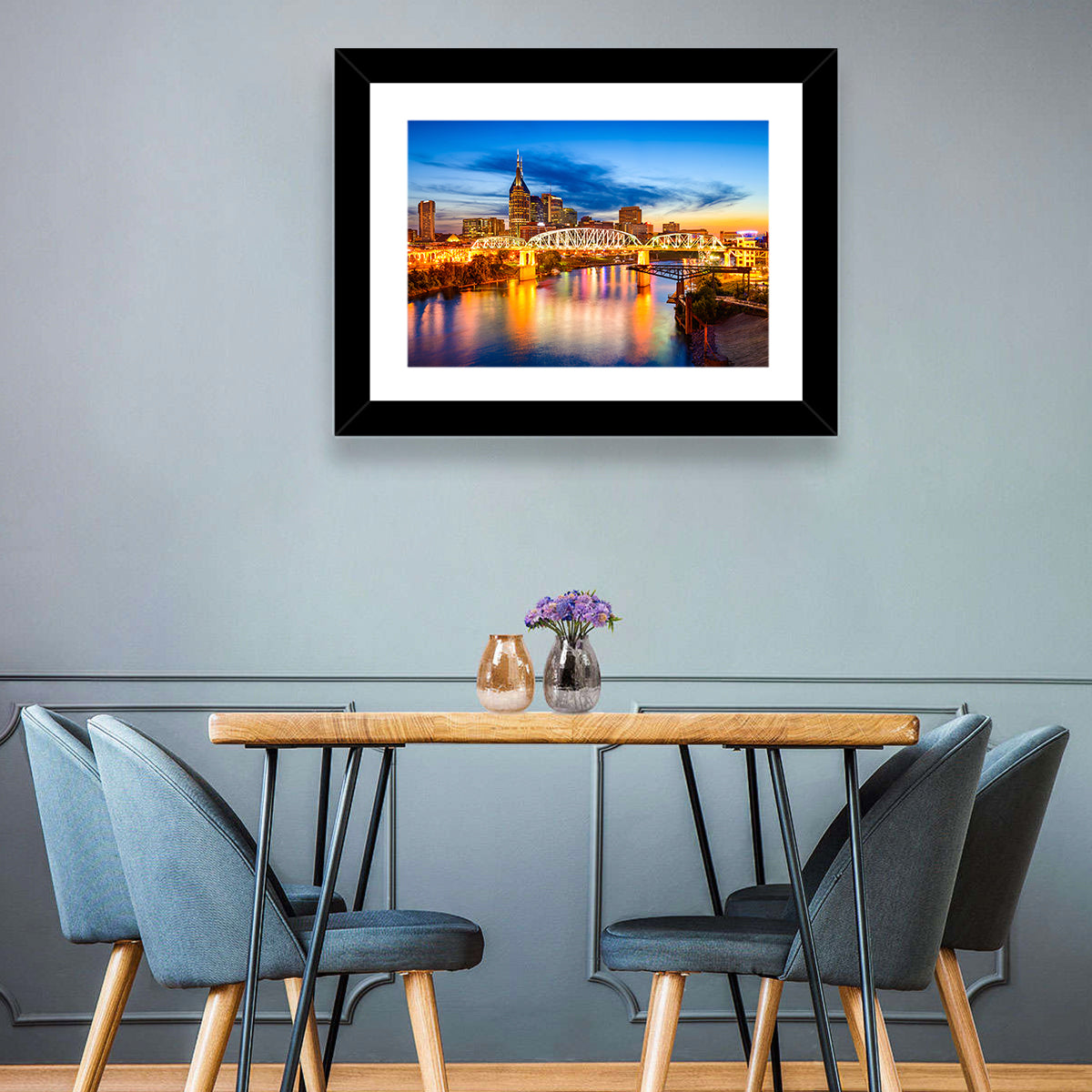 Nashville Skyline at Twilight Bridge Reflections Wall Art in a room, landscape